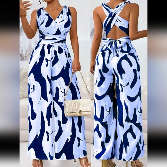 Women Fashion Random Print Backless Jumpsuit - Picture 1 of 5